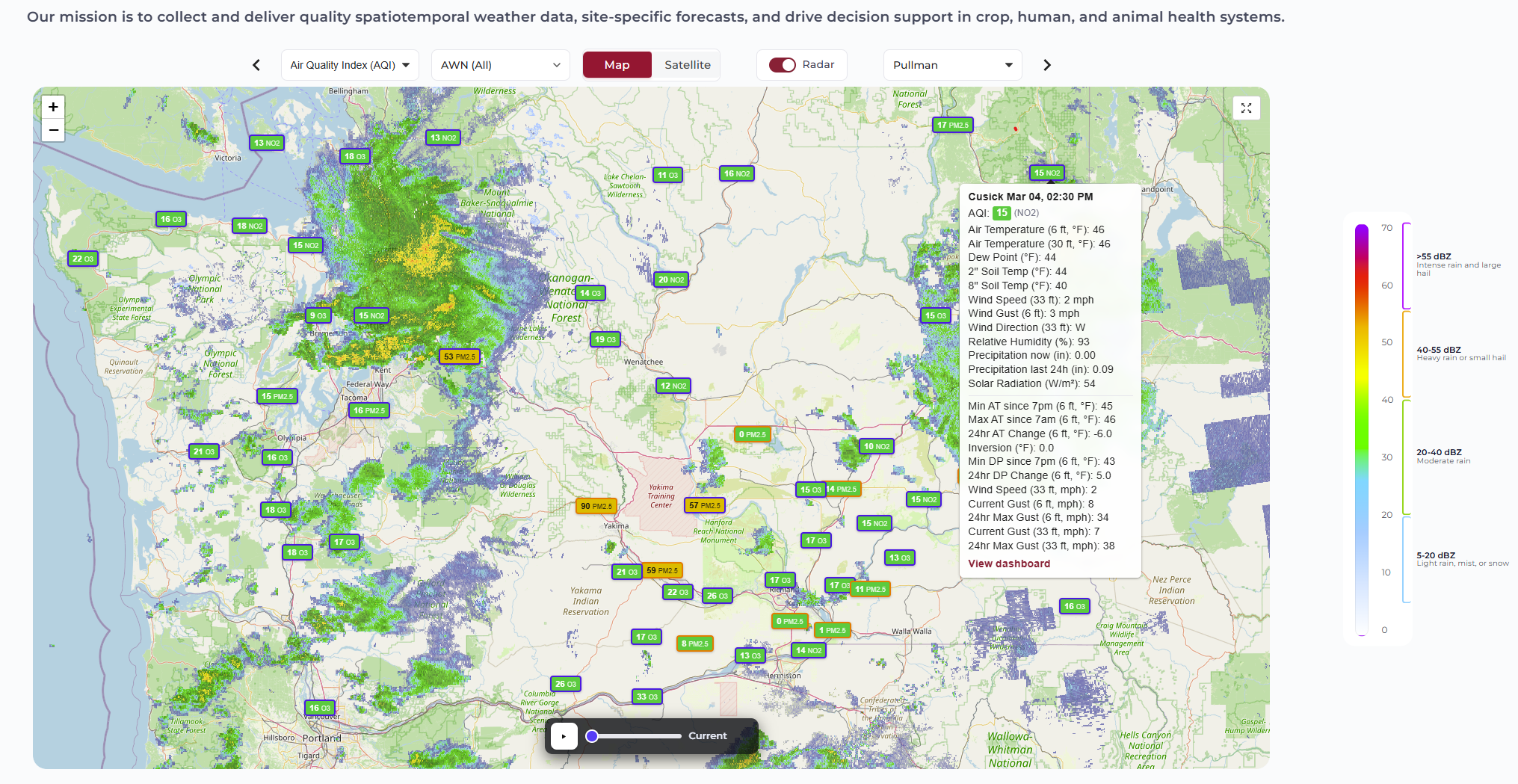 AgWeatherNet Air Quality Index and dominant pollutant map