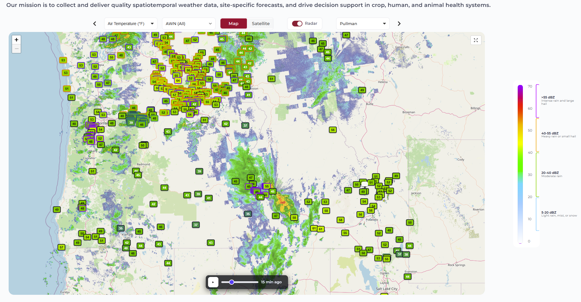 AgWeatherNet landing page — WA state station network with radar overlay